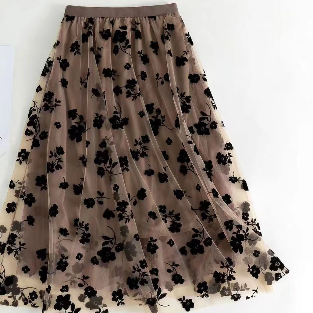 Korean Women Tulle Skirt Fashion Summer Hook Floral Loose Midi Skirt Elegant Fem
