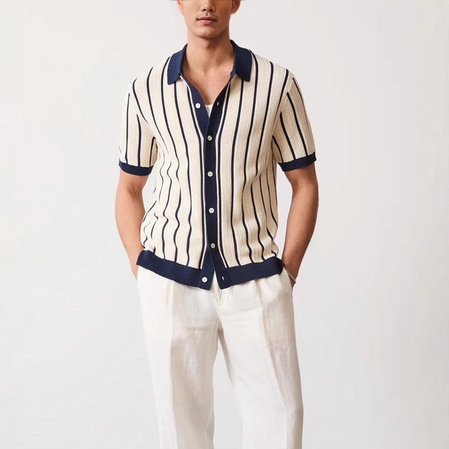 New Summer Men's Striped Knit Polo Shirts Fashion Patchwork Short Sleeve Turn Down Collar Smart Casual Polos Men Knitted Tops
