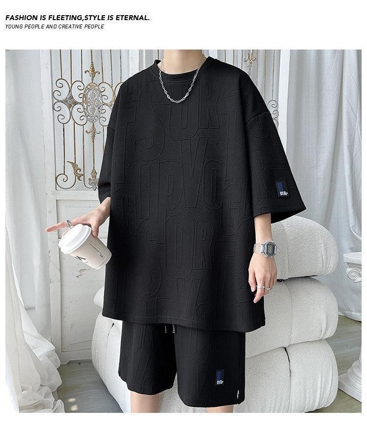 2025 3D Men's new Waffle TZ30 Summer Suit Casual T-shirt + Shorts Suit Men's Tracksuit Solid color tracksuit loose suit
