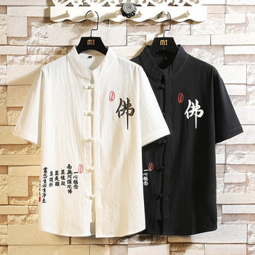 2023 New Chinese Style Shirt Mens Tops Tang Suit Linen 3/4 Sleeve Traditional Kung Fu China Type Hanfu Shirt Plus Size 4Xl 5Xl
