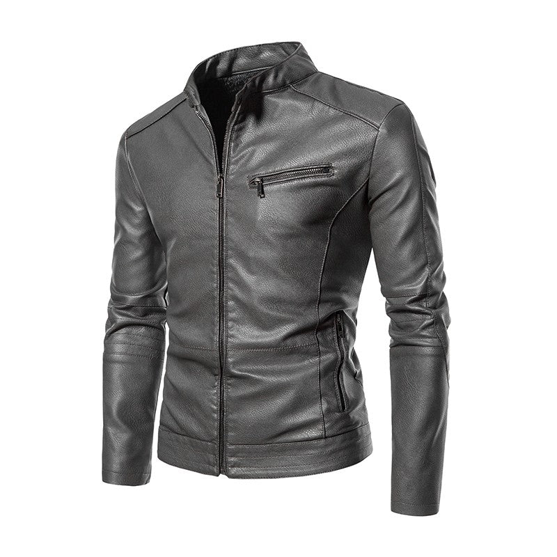 2025 PU Casual Leather Jacket Men Fleece Motorcycle Biker Slim Fit Outerwear Men Solid Stand Collar Leather Jackets