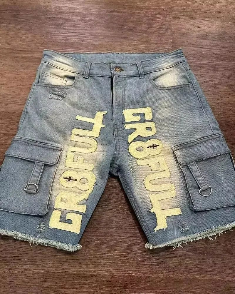 American Fashion Hip Hop Embroidered Denim Shorts Men Street Y2K New Casual Vintage Loose Jeans Unisex Harajuku Punk Rock Shorts