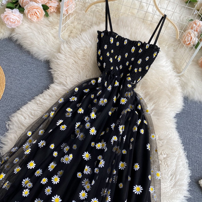 YuooMuoo Korean Fashion Daisy Flower Print Mesh Party Dress Summer Two Layers Sp