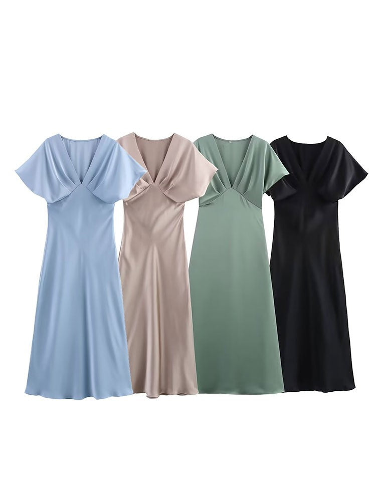 TRAFZA Women Elegant Solid Satin Dress Sexy V Neck Short Sleeve Midi Dress 2025