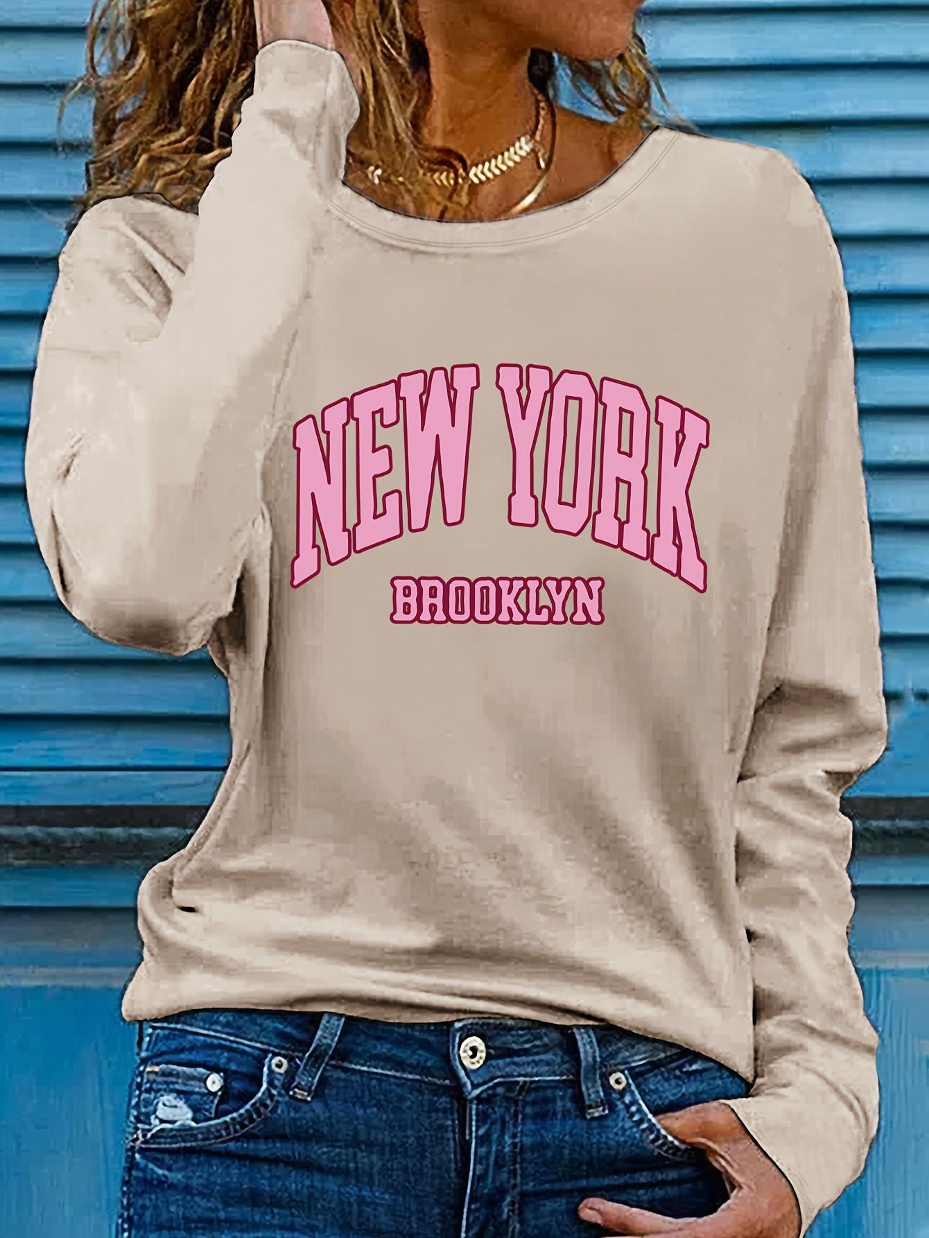 Women's autumn and winter 100% pure cotton fashionable casual Brooklyn New York printed loose round neck long sleeved T-shirt