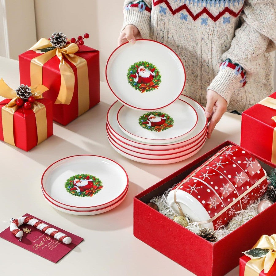 12Piece Christmas Porcelain Dinnerware Set for 4 Including Plates and Bowls Ceramic Kitchen Dining Ware Set with Santa Claus De