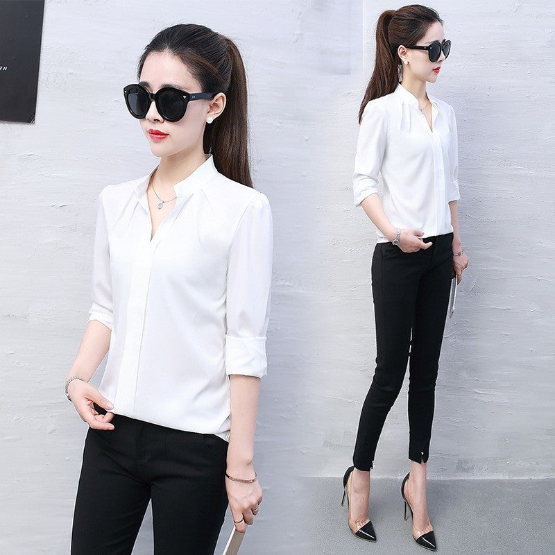 Autumn Spring Fashion Sexy V-Neck Shirt Women OL Formal Long Sleeve Chiffon Blouse M-2XL