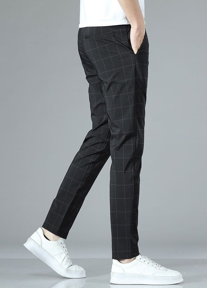 Male Suit Trousers Check Cooling Ice Silk Plaid Straight Up Clothes Offer Slacks Designer Men's Summer Pants Fabric 2024 Classic