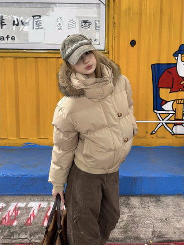 Fur Collar Women Winter Warm Jacket Hooded Thicken Single Breasted Long Sleeve New Zipper Hoodie Casual Female Coat Chic Outwear