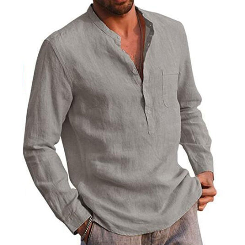Casual Cotton Shirt Long Sleeves Crew Neck Men's Summer Simple Plain Blouse Button Down Tops Plus Size