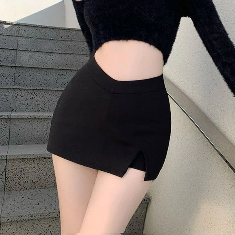 Black Split Mini Skirts Women Summer Sexy Club High Waist Slit Skirt Streetwear
