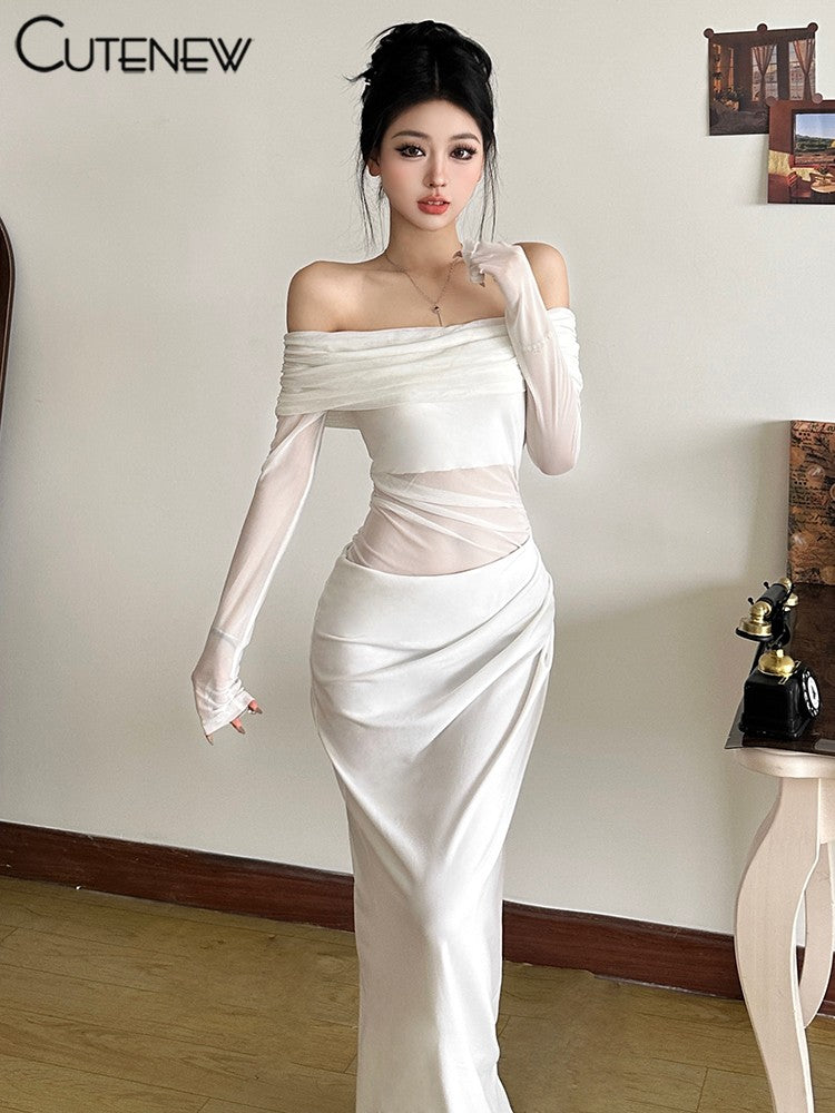 Cutenew Mesh Ruched Women Maxi Dress Sexy See Through Off Shoulder Long Sleeve S