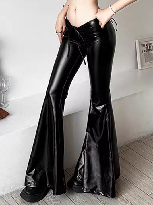 New Personality Drawstring Folding Bow PU Leather Flare Pants Europe And The United States Sexy Low Waist Solid Color Pants