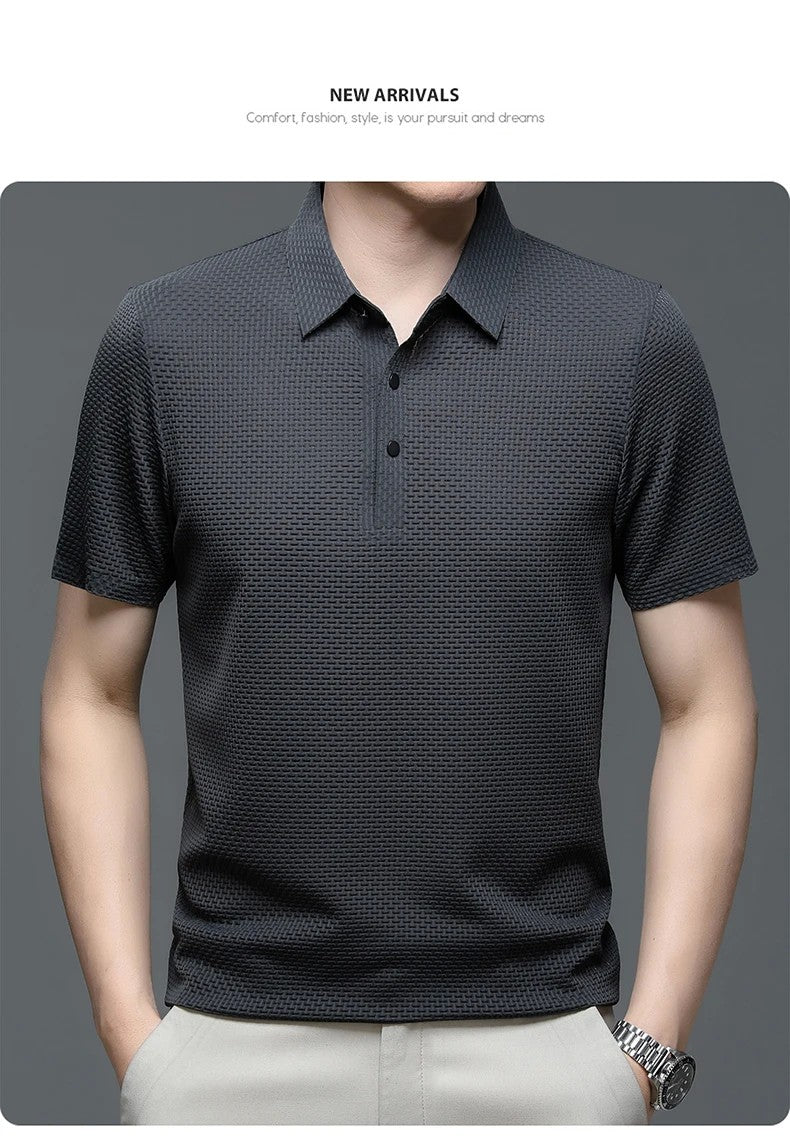 Summer New Men's Lop-up Hollow Short-sleeved Polo Tee Shirt Ice Silk Breathable Business Fashion T-Shirt Male Brand Clothes