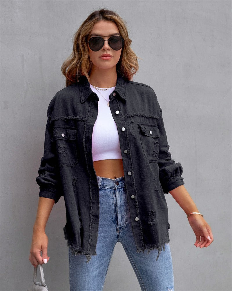 2023 Holes Raw-edges Denim Jacket Women Spring Autumn Shirt Style Jeancoat Casual Top Rose-Red Orange Purple Outerwear Lady Coat