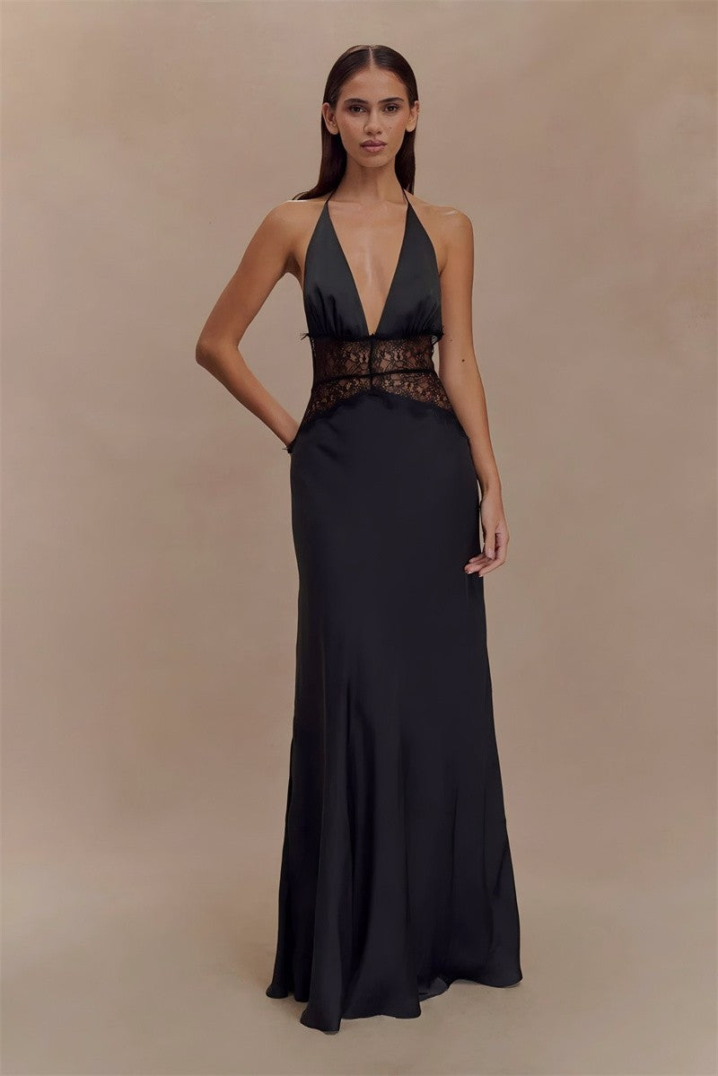 Mozision Summer Backless Sexy Maxi Dress Women Gown Patchwork Lace Halter Deep V