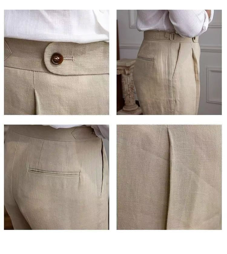 Spring Autumn Men 100% Linen Italian Naples Pants High Waist Straight Suit Trousers Fashion Lightweight Breathable Casual Pants