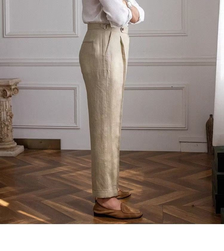Spring Autumn Men 100% Linen Italian Naples Pants High Waist Straight Suit Trousers Fashion Lightweight Breathable Casual Pants