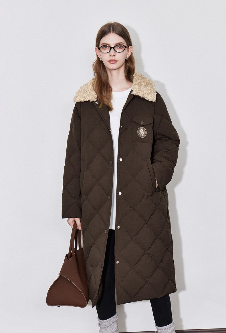 TOYOUTH Womens Down Coat 2024 Winter New Fur Collar Single Breasted Button Medium Thick Long Coat
