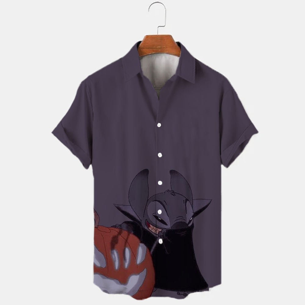 2024 New Halloween Collection Disney Branded Stitch And Mickey Anime 3D Printed Men's Lapel Short Sleeve Slim Fit Hawaiian Shirt