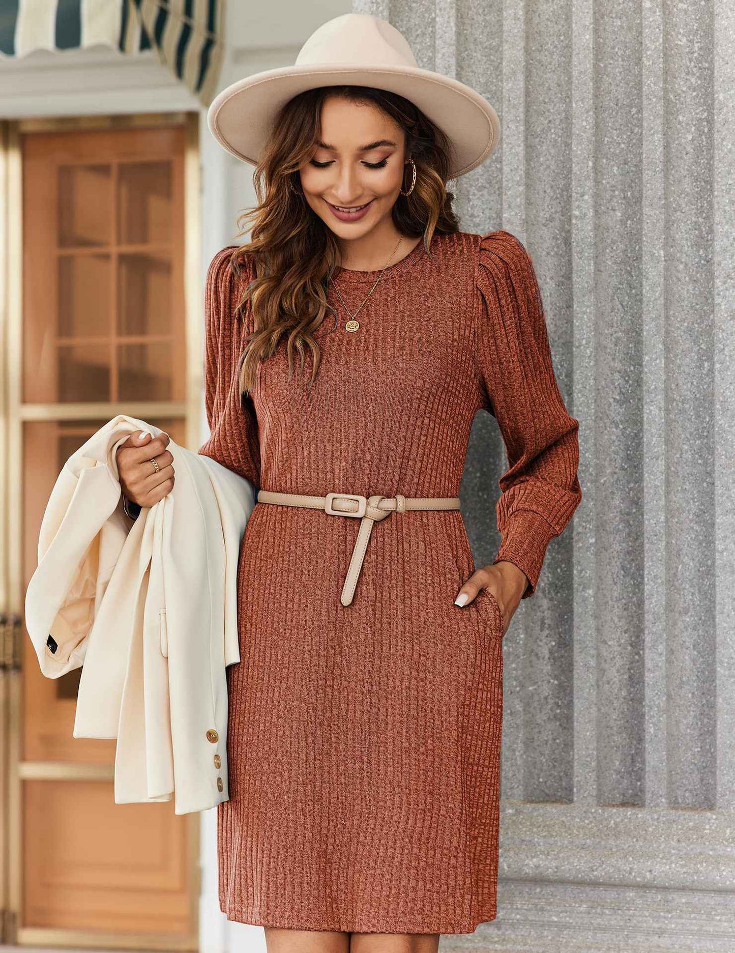 Y2K autumn and winter women's crew neck solid color sweater bubble sleeve fashion commuter dress comfortable casual loose dress