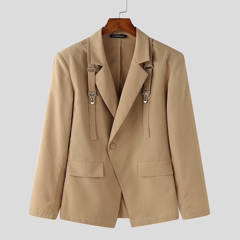 Fashion Well Fitting Tops INCERUN New Men's Deconstruct Metal Buckle Suit Coat Casual Streetwear Male Solid Long Sleeved Blazer