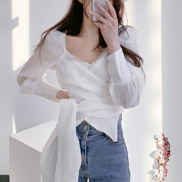 2023 Design Long Sleeve Shirt Women's V-neck Pleated Waist Top Blusas Clothes for Women Tops Shirts Blouses