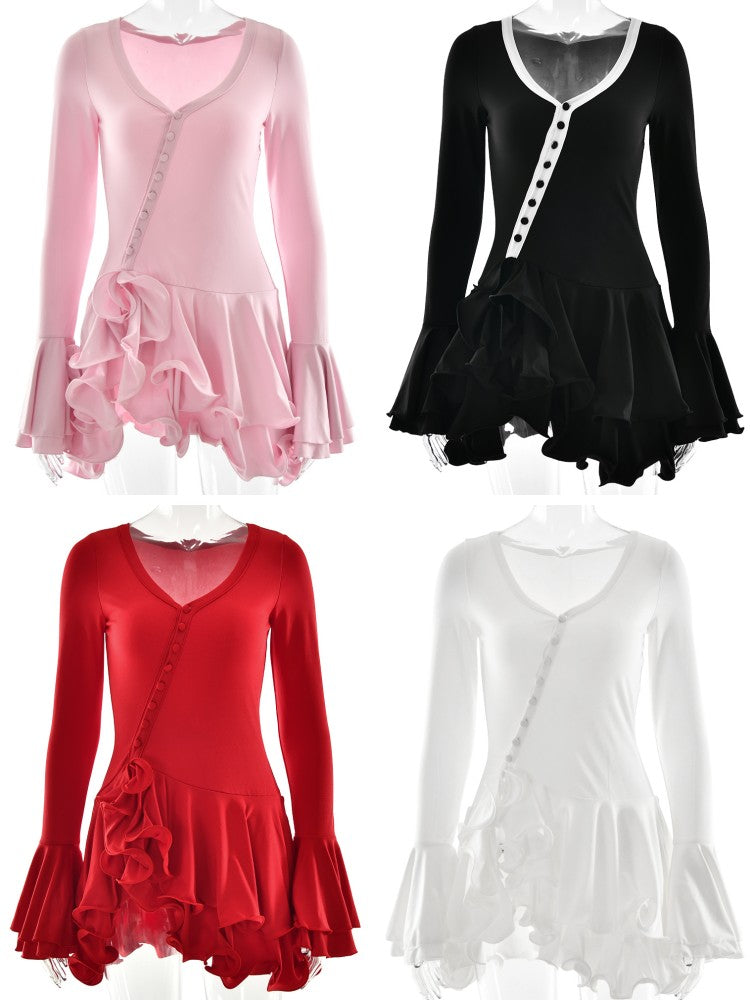 Absobe Women's A-Line Bodycon Mini Dress Ruffle Hem V-Neck Asymmetrical Buttons