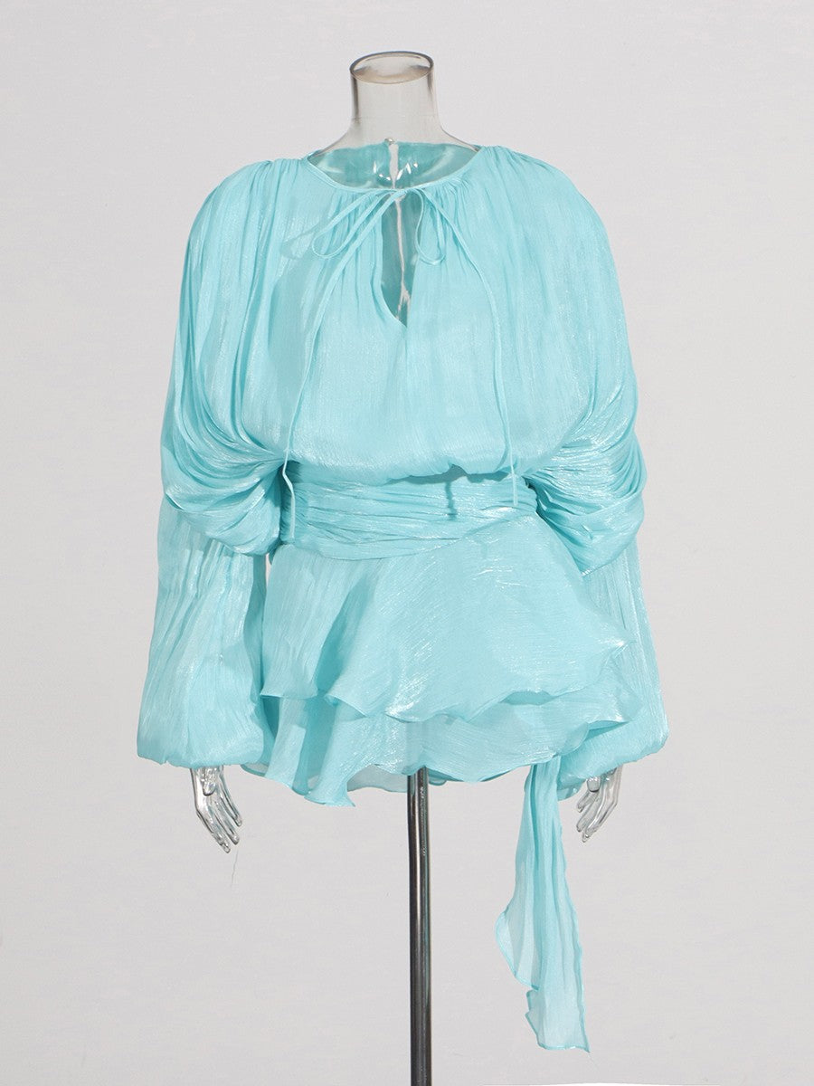 TWOTWINSTYLE Elegant Ruched Mini Dress For Women Round Neck Lantern Long Sleeve