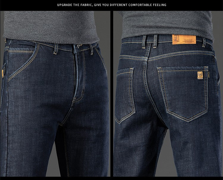 28-40 Large Size Winter Men Plush Thick Fleece Trouser Lambswool Thermal Jeans Casual Pants Windproof Warm Cotton Denim Pants