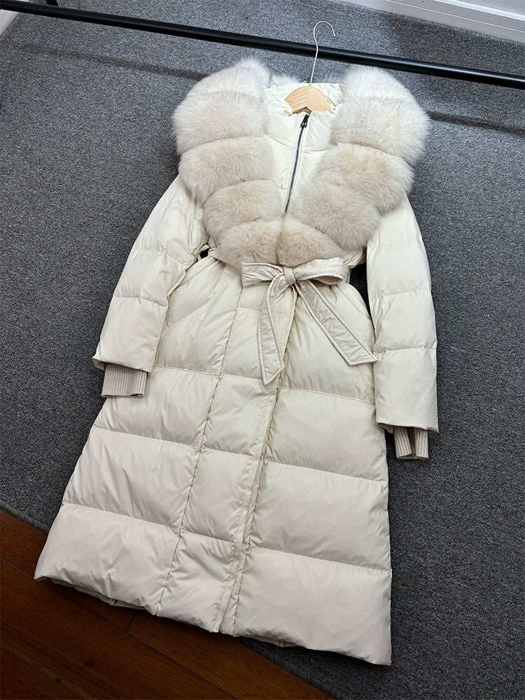 Janveny New Winter Long Hooded Puffer Jacket Women Warm Thickened Real Fox Fur Collar White Goose Down Jacket Waterproof Parkas