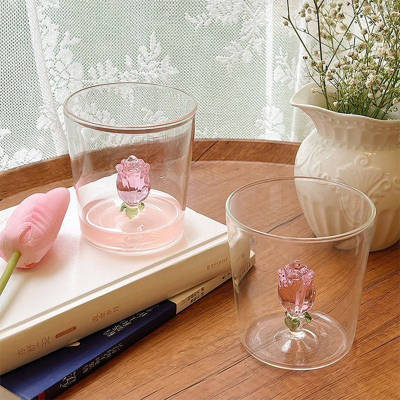 Copo de Vidro INS Copo Térmico Resistente ao Calor Transparente para Suco Leite Café Design Único Copo de Vidro Rosa 3D Copos de Água Utensílios de Bar