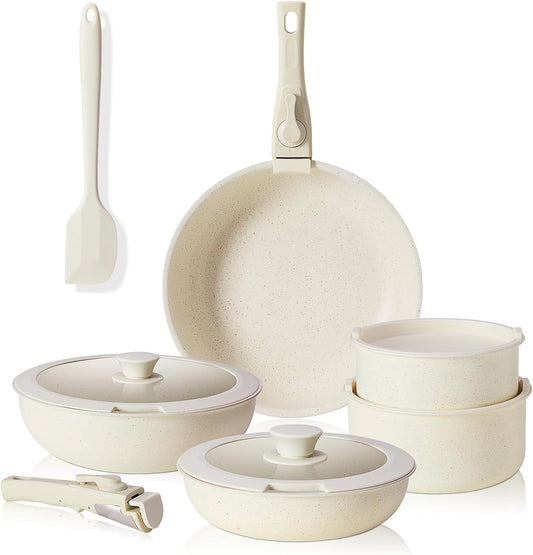 12 Pcs Ceramic Nonstick Cookware Set, Carote Pots and Pans with Removable Handles, Non-Toxic Cow Print Design Kitchen Essentials