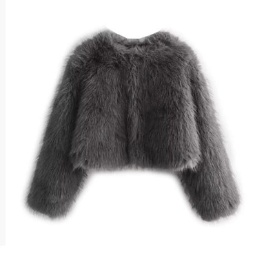 Faux fur jacket Traf Fall/Winter New Fashion Women's Faux Fur Effect Round Neck Long Sleeve Short Jacket 2025