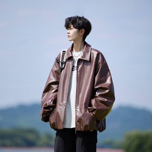 Trend Men's Faux Leather Jacket Autumn Winter Fashionable Solid Color Standing collar PU Leather Biker Jacket Handsome Men Coat