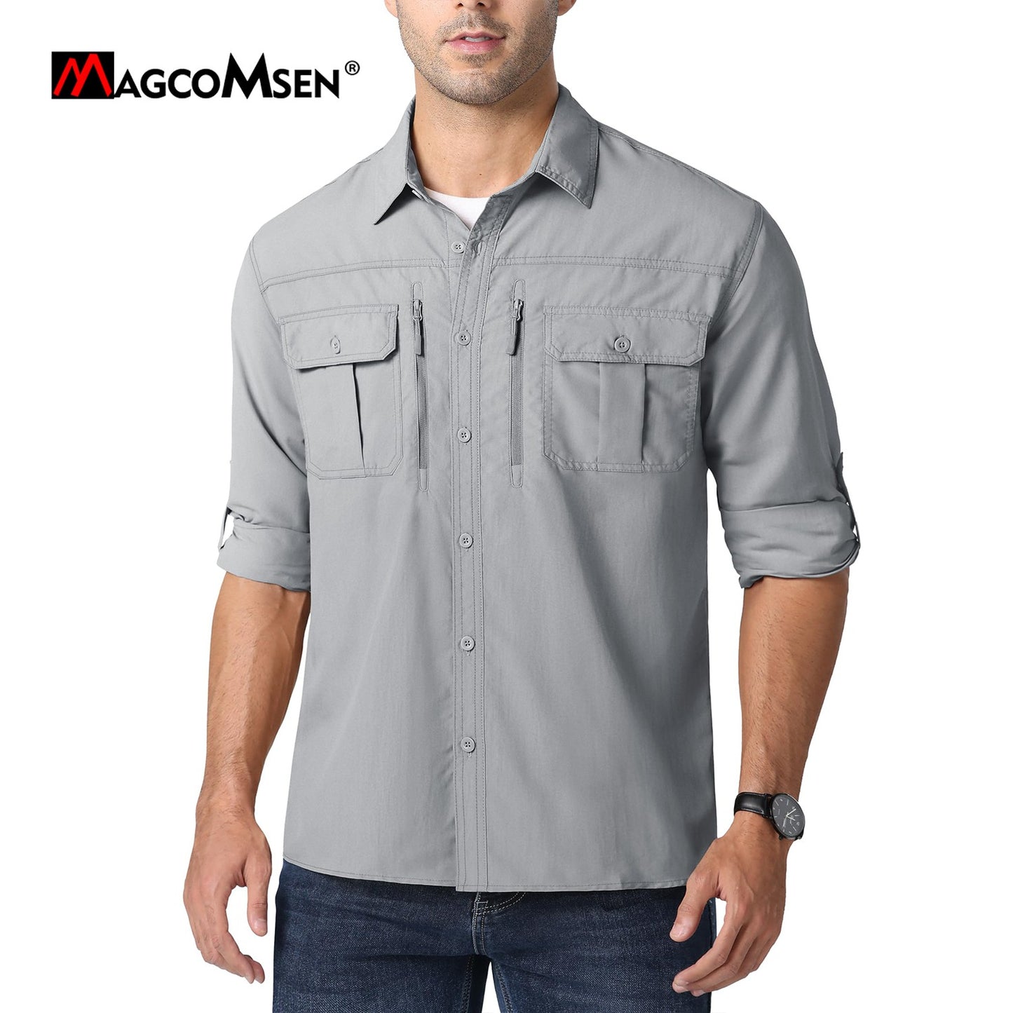 MAGCOMSEN UPF 50+ Mens Quick Dry Cargo Shirts Mesh Breathable Long Sleeve Work Shirts UV block Outdoor Hiking Fishing Shirts