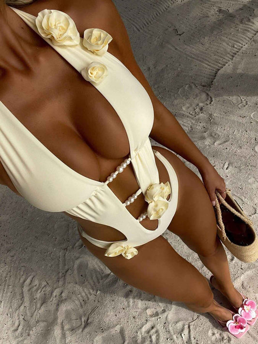 2025 New 3D Flowers One Piece Swimsuit Women Solid Sexy Hollow Out Swimwear Tropical Summer Beachwear Bathing Suit Bodysuit