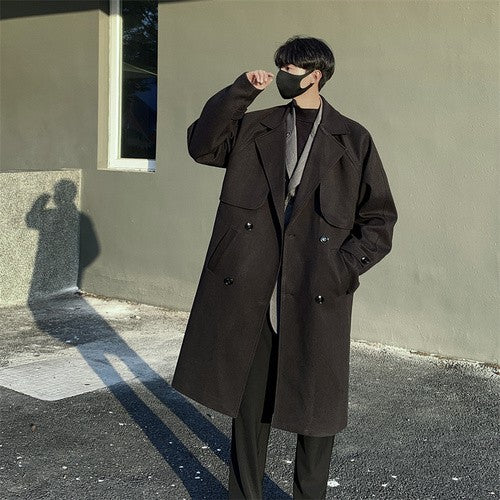 Men's Autumn Winter Mid Length Woolen Coat New Korean Tide Black Thickned Overcoat Long Sleeve Double-breasted Jackets