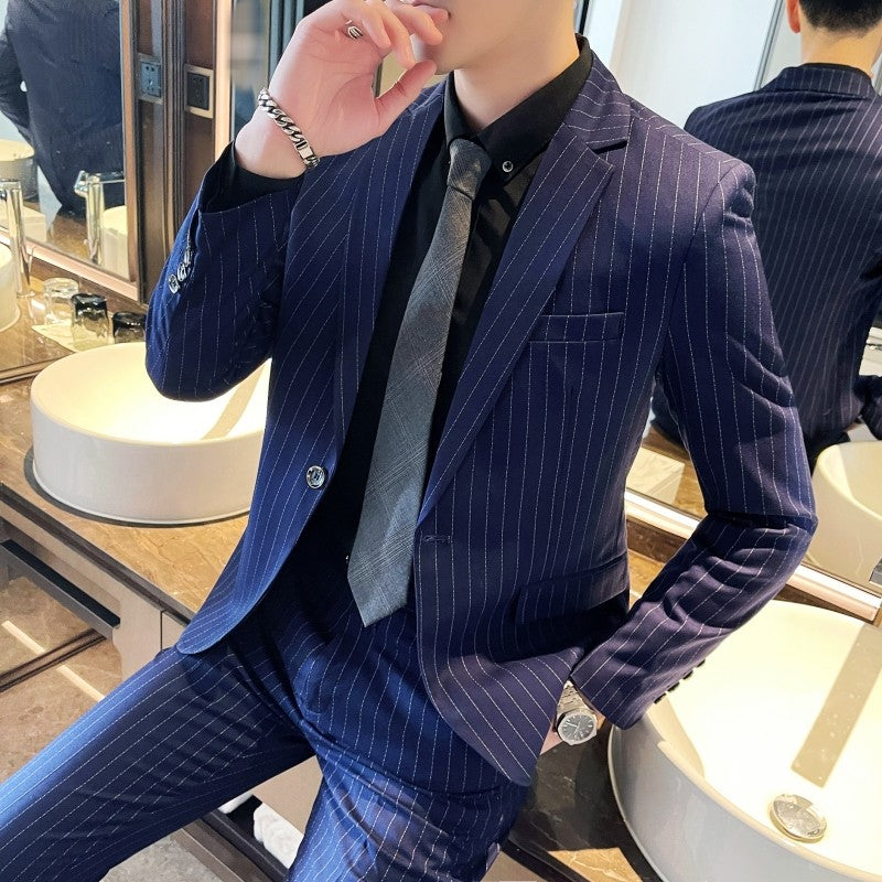 Men's Fashion High-Quality Slim Fit Two-Piece Suit Set Spring Autumn Stripes Business Casual Trousers And Jacket Combo