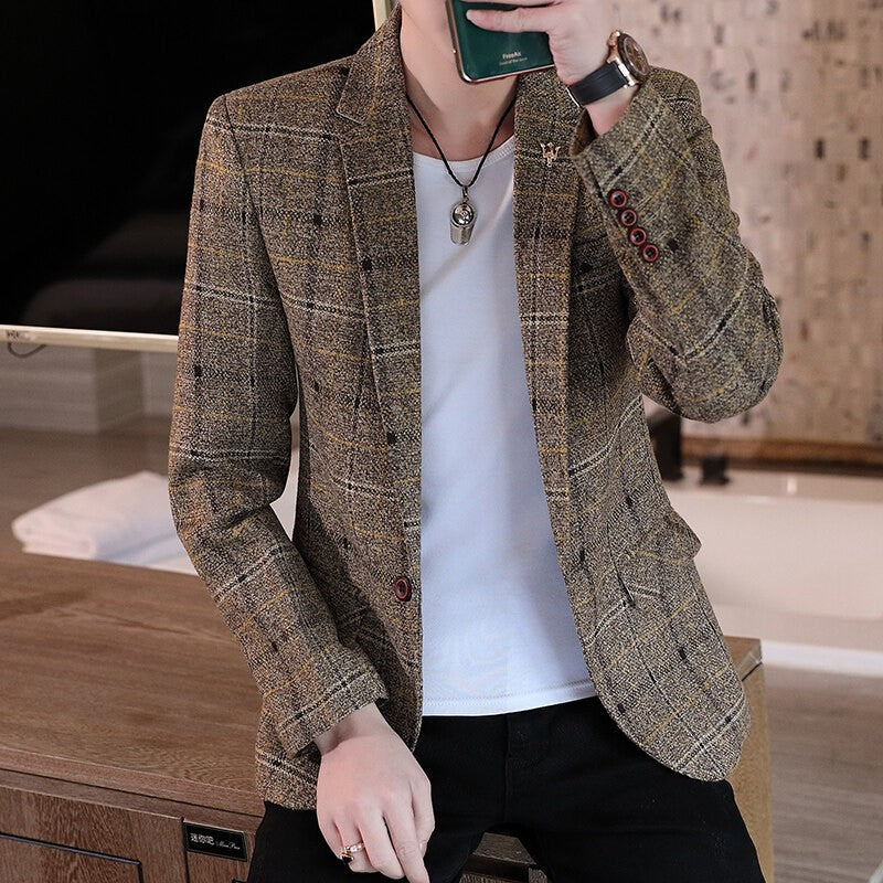 Men's casual plaid suit jacket, fashionable and versatile slim-fitting top, stylish plaid suit