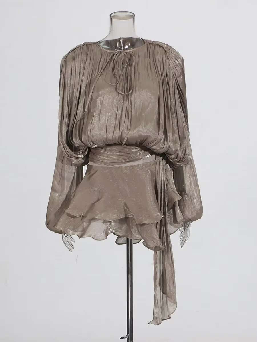TWOTWINSTYLE Solid Blouse Mini Dresses For Women V Neck Long Sleeve Spliced Lace