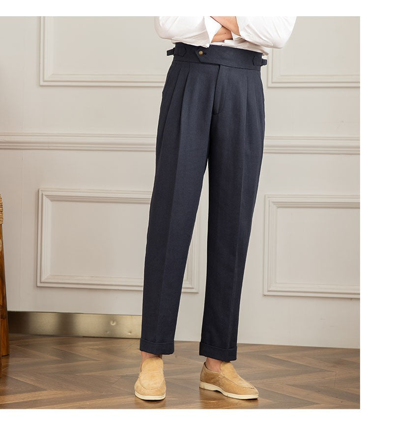 Three Gentleman Summer Naples Casual Straight Pants Men's Commuting Cotton and Linen Comfortable Breathable High Waist Pants