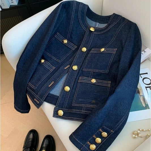 Women's Vintage Denim Jacket Spring Button-Up Korean Fashion Blue Chic Bomber Outwear Top 2025 Style Casual Ropa De Mujer