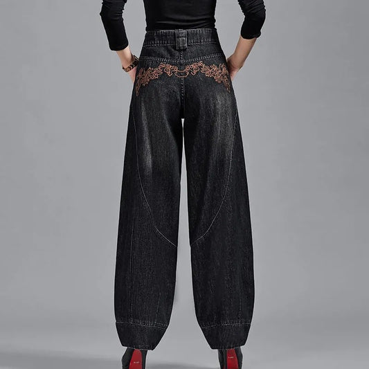 Autumn Winter High Waisted Women Jeans Casual Loose Embroidery Bloomers Trousers Female Fashion Wide Leg Denim Pants Blue