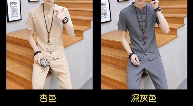 Summer New Fashion Solid Color Breathable Cotton and Linen Suit Men's Leisure Loose Sports Large Size High-Grade Two-Piece Set