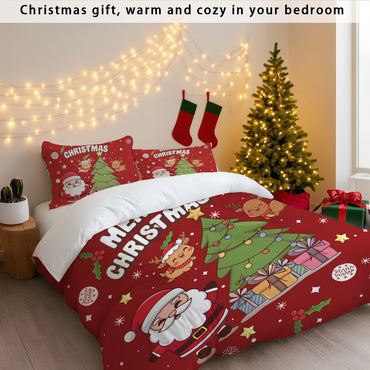 3pcs Santa Claus Christmas Tree Print Coreless Duvet Set Bedroom Dormitory Bedding Decoration Comfortable Machine Washable