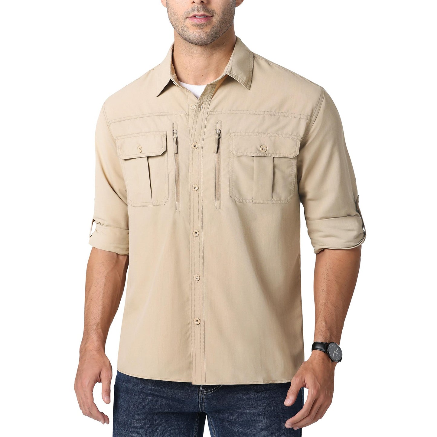 MAGCOMSEN UPF 50+ Mens Quick Dry Cargo Shirts Mesh Breathable Long Sleeve Work Shirts UV block Outdoor Hiking Fishing Shirts