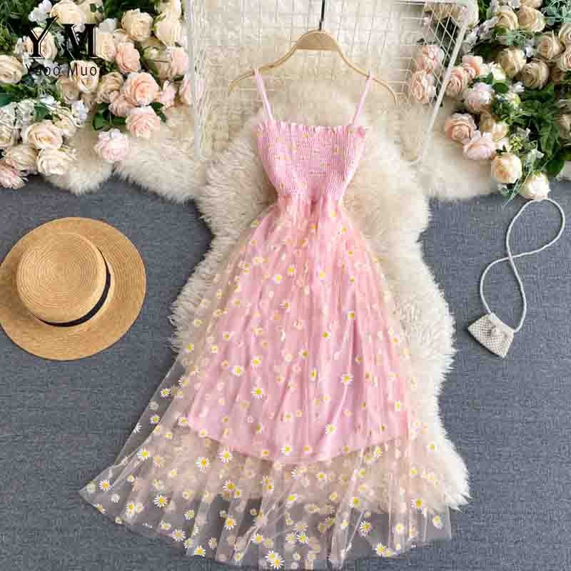 YuooMuoo Korean Fashion Daisy Flower Print Mesh Party Dress Summer Two Layers Sp