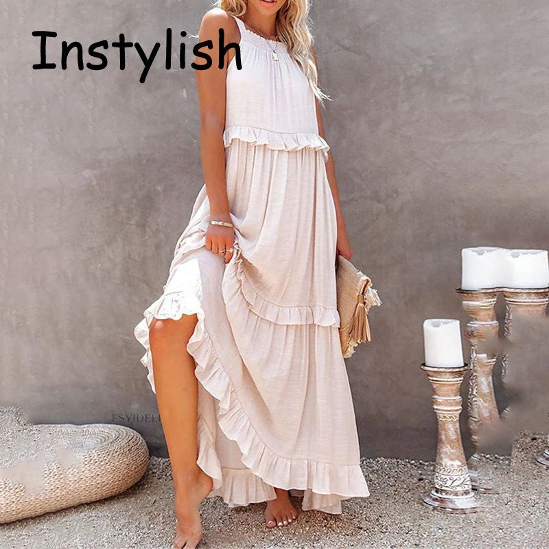 Women Casual Solid Ruffles Long Dress Summer Elegant Sleeveless Sundress Elegant