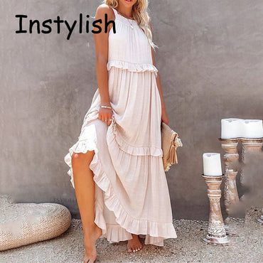 Women Casual Solid Ruffles Long Dress Summer Elegant Sleeveless Sundress Elegant